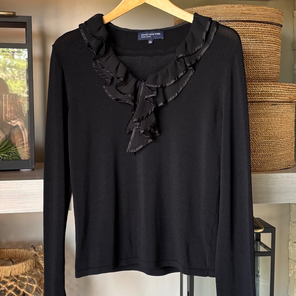 Dressy V-neck Sweater w/Chiffon Neck Ruffle -Jones New York Signature
